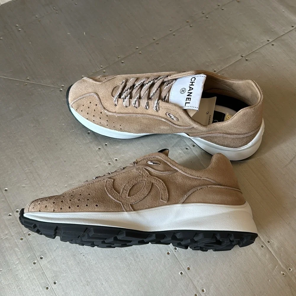 Chanel 21p beige dark suede goatskin sneaker trainer flat sz 38